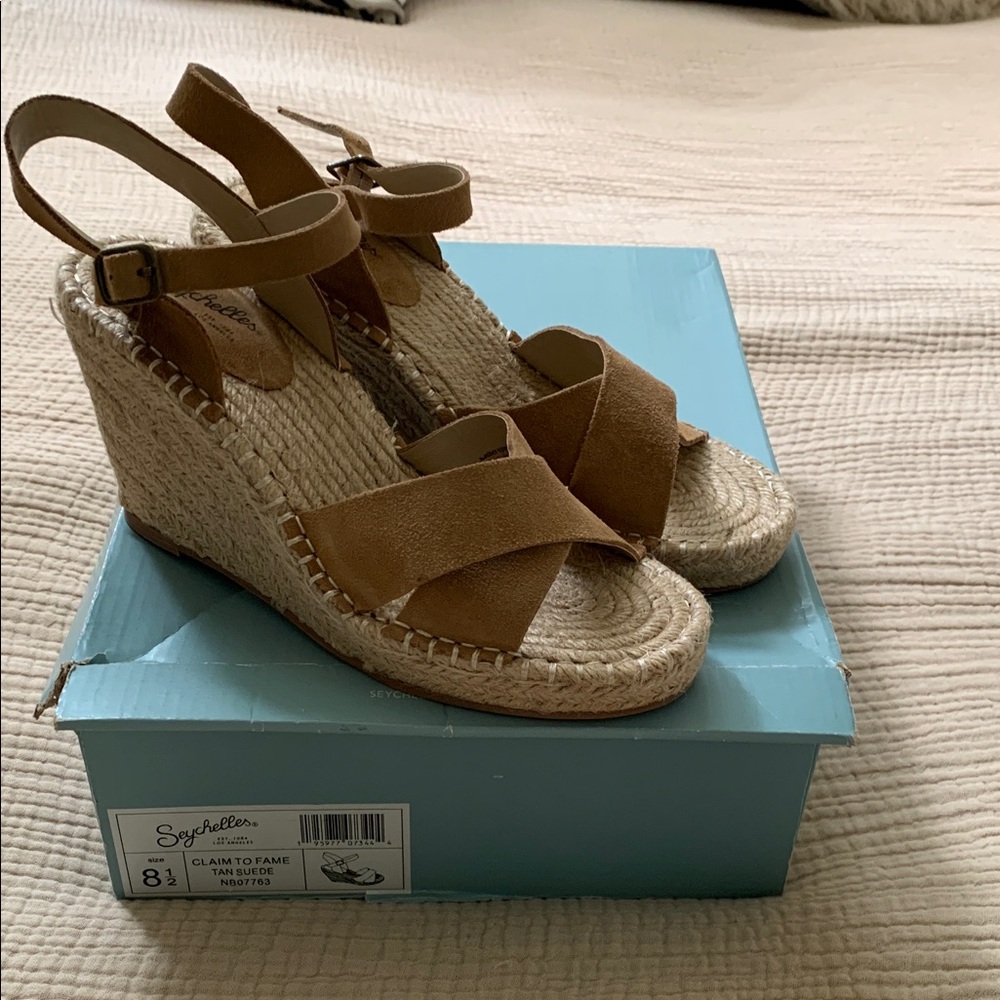 Seychelles Tan Suede Crisscross Espadrille Wedges